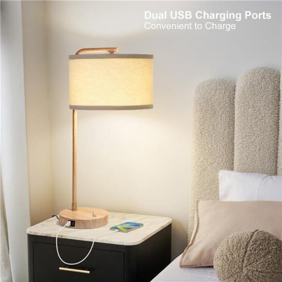Farmhouse Table Lamp, Fully Dimmable Bedisde Lamp with Dual USB Charging Ports - Picture 3 of 7